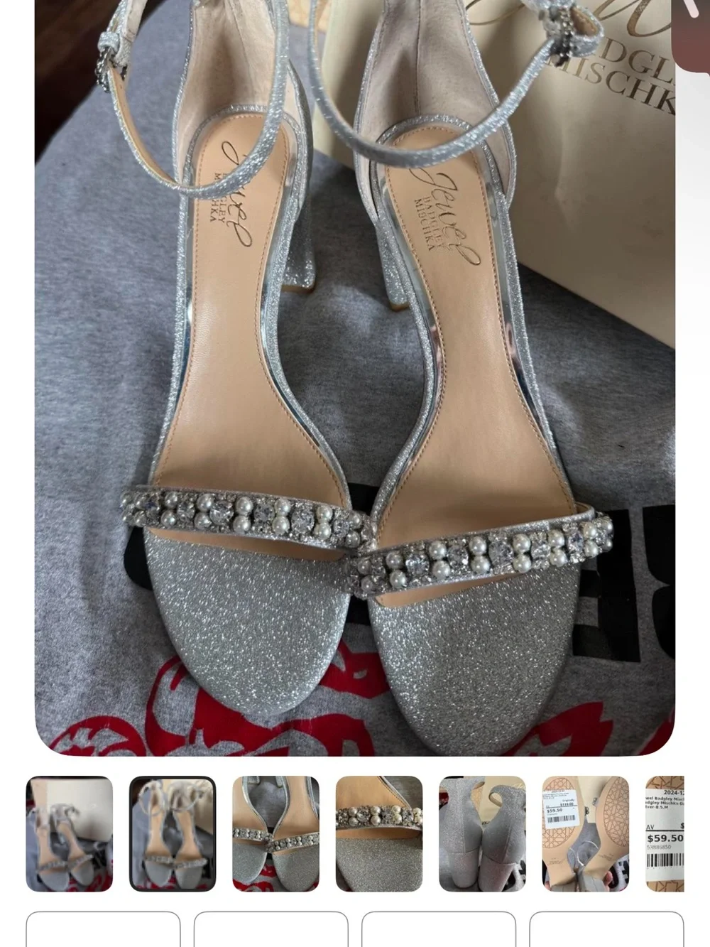 Badgley Mischka Silver Glitter Ankle-Strap Block Heels with Jeweled Toe Strap
